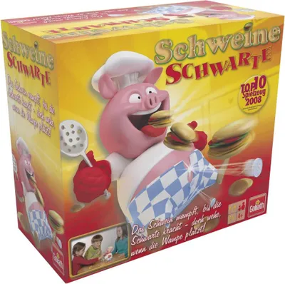 The image shows the box of a board game called "Schweine Schwarte". A cartoon pig chef is featured prominently, along with game elements like burgers and a checkered cloth.
