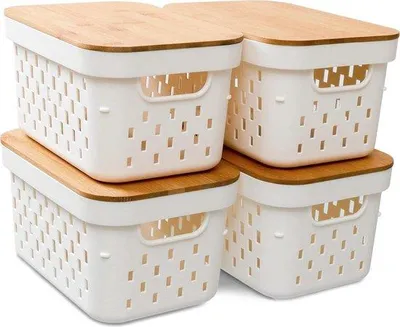 Obrázok produktu pre Bambusová úložná krabica – sada 4 ks – do kúpeľne a na kuchynskú linku – biela – stohovateľná – 26 x 173 x 134 cm