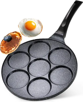 A pancake pan with seven circular indentations is shown, along with a fried egg and a pancake with a blueberry on top.