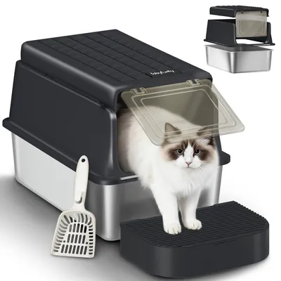 Produktbild von Katzenklo Edelstahl, XXL Katzentoilette, Schwarz Geschlossene Groß Katzenklo, mit Schaufel und Fußstufe, 120° Klappdeckel, Herausnehmbar