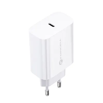 A white USB-C power adapter with a logo and text on the side, shown from a slightly angled perspective.