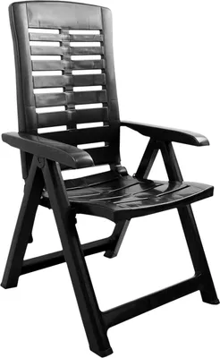 A black plastic folding chair is shown against a white background.
