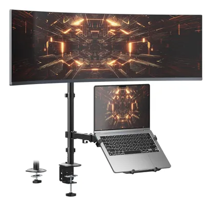 Produktbild von Monitorarm mit Laptopablage für 17–49 Zoll, VESA 75/100 mm, 81,8 cm Stange, neigbar, schwenkbar und drehbar