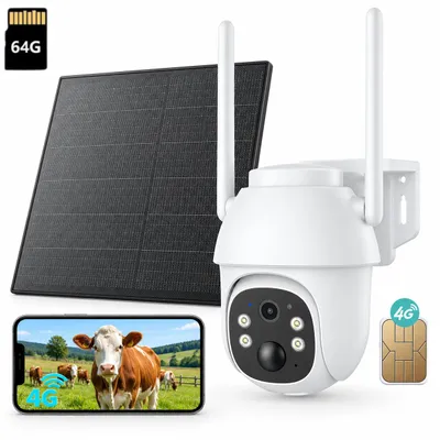 Zdjęcie produktu dla Kamera monitoringu solarna 4G LTE, zewnętrzna, z kartą SIM, rozdzielczość 2K HD, 3MP, PTZ (obracana), bezprzewodowa, zakres obrotu 355° i 90°, kolorowy tryb nocnej obserwacji z podczerwienią, dwukierunkowy dźwięk, pamięć 64GB