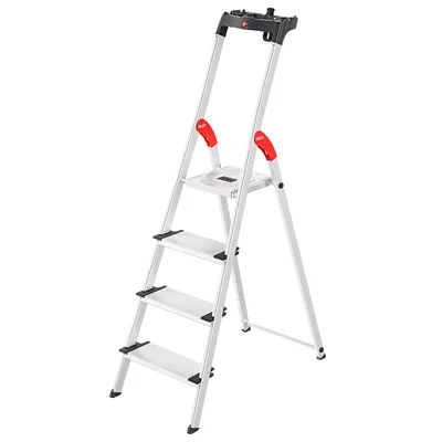 Produktbild von Hailo L80 ComfortLine Alu-Sicherheits-Stehleiter - klappbare Leiter mit 4 XXL Stufen und Ablageschale - Arbeitshöhe bis 285 cm - Gewicht 4,4 kg - Silber