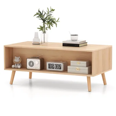 Produktbild von GOPLUS Couchtisch Natur, Kaffeetisch mit 2 Schubladen, Türen in Rattanoptik, Wohnzimmertisch mit Massivholzbeinen & offenem Fach, Natur
