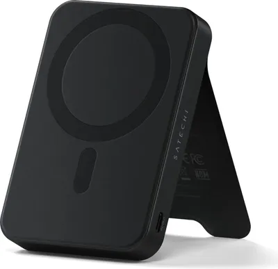 A black Satechi magnetic power bank with a stand function is shown against a white background.