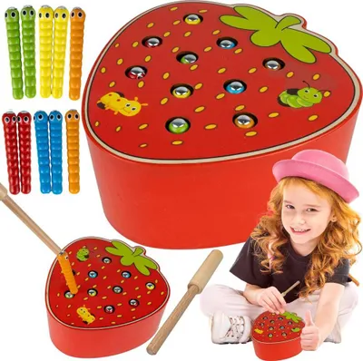 Image de Malplay Jeu d'adresse En bois "Attraper les vers" Jeu de pêche à l'estomac Fraise Vermifuge Jouets en bois Pour les enfants à partir de 3 ans