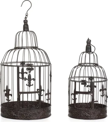 Zdjęcie produktu dla Zestaw 2 ozdobnych klatek dla ptaków z metalu w kolorze antycznej brązu w stylu vintage. Duża klatka o wymiarach 56 x 25 cm i mała klatka o wymiarach 45 x 19,3 cm do postawienia lub zawieszenia.