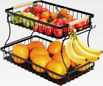 Produktbild von 2 Stockig Obstkorb Etagere, Obst Etagere mit 2 Ablagebrettern, Fruits Basket Stapelbar, Raumsparend, Gemüse, Snacks zu Hause, Küche, Büro, Etagere Schwarz, 37x24x23cm