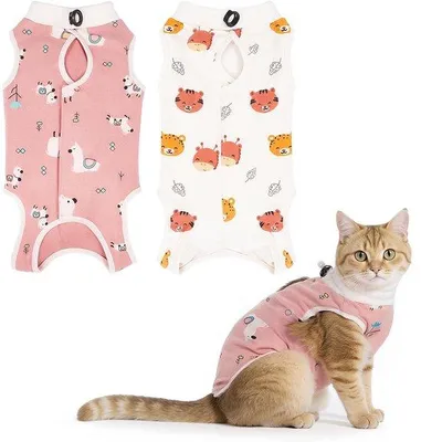 Imagen del producto de Ibenzoa®: Traje de recuperación para gatos – Body quirúrgico transpirable de algodón elástico, protege contra lamidos, cuello ajustable y cierre de velcro, lavable