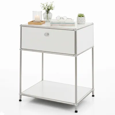 Immagine prodotto di Tavolino Floordirekt Concept Epure MK-139, L50×P40×H65 cm, bianco, cassetto con serratura, ripiano modulare e antigraffio, struttura in metallo