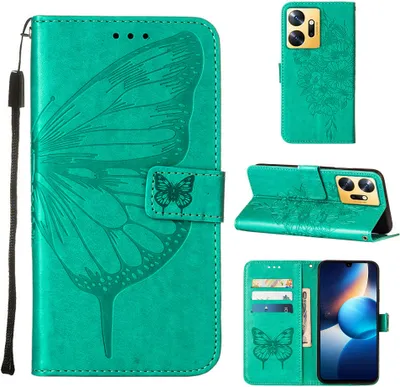 Produktbild von Lederhülle für Infinix Zero 20 Schmetterling Prägung Flip Ledertasche Kartenfächer Handyhülle mit Ständer Grün