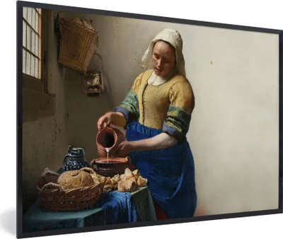 Produktbild von MuchoWow® Gerahmtes Poster Das Milchmädchen - Kunst - Alte Meister - Vermeer 90x60 cm - Poster mit Schwarzem Bilderrahmen Wandposter Rahmen Foto Bilder - Fotorahmen - Foto-Plakat