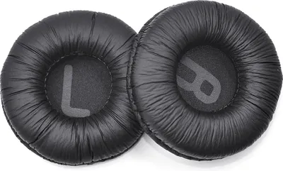 Two black ear pads for headphones, labeled 'L' and 'R'.