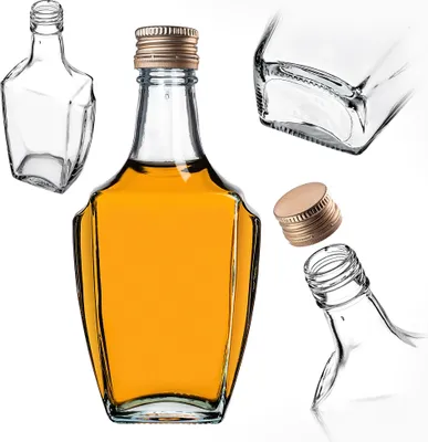 A collage of glass bottles, one filled with amber liquid, and a separate cap and bottle neck.