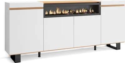 A modern sideboard with a built-in electric fireplace.