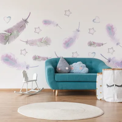 Produktbild von Muralo XXL Selbstklebende FOTOTAPETE Aquarell Federn Sterne Herzen (B) 460 cm x (H) 300 cm Tapete Wandtapete WOHNZIMMER SCHLAFZIMMER 4871