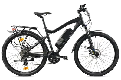 A black electric mountain bike is shown against a white background.
