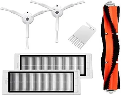 A set of replacement parts for a robot vacuum cleaner, including side brushes, a main brush, and HEPA filters.