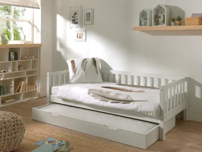 Produktbild von Vipack - Kojen Bett Fritz mit Sprossenumrandung u. Rolllattenrost, Liegefläche 90 x 200, inkl. Bettschublade, Ausf. Weiß lackiert