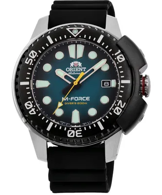 A close-up studio shot of an Orient M-Force Diver's 200m watch against a white background.