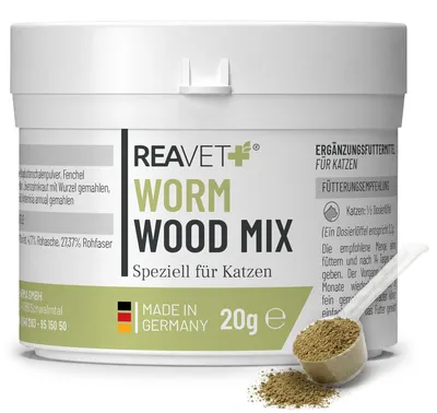 Produktbild von REAVET Wormwood Mix Pulver 20g – Speziell für Katzen I Kräutermischung für Katzen mit Artemisia annua (Sweet Wormwood), geeignet für alle Rassen