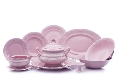 Zdjęcie produktu dla Zestaw obiadowy Sonata, biała koronka, różowa porcelana, Leander, 25 elementów