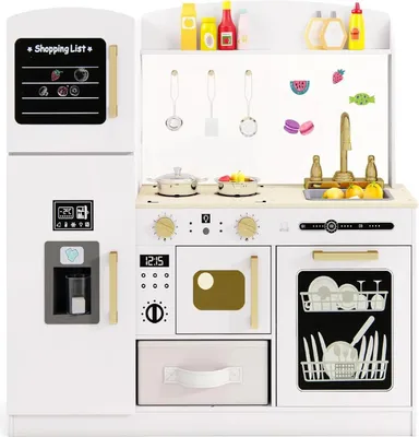 Immagine prodotto di Cucina per bambini - Cucina giocattolo - Con accessori - Lavagna - Distributore di cubetti di ghiaccio - Lavello - Forno a microonde illuminato - 3-6 anni - Bianco