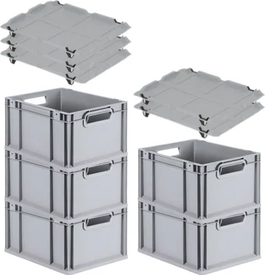 Produktbild von SparSet 5x Eurobox NextGen Economy mit Auflagedeckel und 4x Schiebeschnappverschlüsse Schwarz | Griffe offen | HxBxT 22x30x40cm | 20 Liter | Eurobehälter, Transportbox, Transportbehälter, Stapelbehälter
