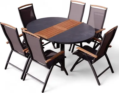 Produktbild von ALEOS. Gartengarnitur Gartenset Aluminium TEAK Set mit rundem Ausziehtisch 120cm auf 160cm ausziehbar + 6 Hochlehner anthrazit Trinidad