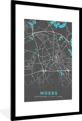 Produktbild von MuchoWow® Gerahmtes Poster Karte - Moers - Blau - Stadtplan - Deutschland 60x90 cm - Poster mit Schwarzem Bilderrahmen Wandposter Rahmen Foto Bilder - Dekoration - Wandposter Wohnzimmer - Hochwertig