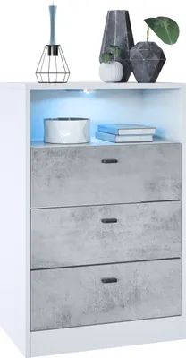 Produktbild von Vladon Kommode Pino V2,  Germany, Anrichte mit 3 Schubladen & 1 offenem Fach, Weiß matt/Beton Oxid Optik (56 x 86,5 x 36 cm), mit RGB LED-Beleuchtung