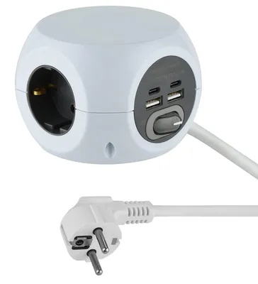 Imagen del producto de Electraline 62078: Regleta de enchufes mini-cubo, de 3 tomas, con 4 enchufes de 17 W (2 compatibles con el tipo C y la última tecnología + 2 puertos USB A de 3.4A con carga rápida), con interruptor, y cable de 1.5 metros