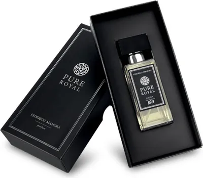 A perfume bottle and its box are displayed.
