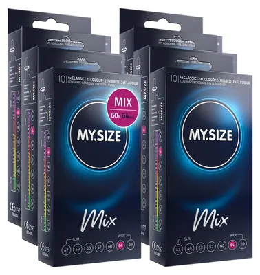 Zdjęcie produktu dla Prezerwatywy My.Size Mix rozmiar 6, 64 mm, opakowanie ekonomiczne, | 60 sztuk | Prezerwatywy w 4 ekscytujących rodzajach, z aromatem, kolorem, wypukłościami i klasyczne