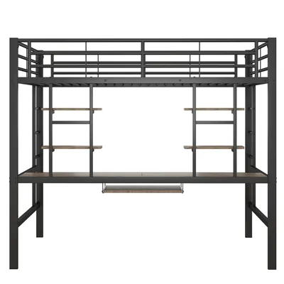 Produktbild von Flieks Hochbett mit Schreibtisch, Bücherregalen &Tastaturablage, Etagenbett 140x200cm mit Rausfallschutz, Metallbett mit Lattenrost & Leiter, Schwarz