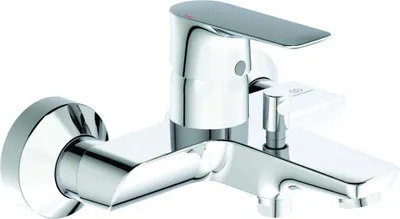 A chrome-plated bathroom faucet is shown against a white background.