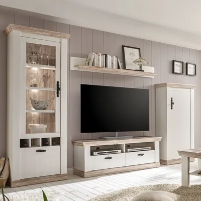 Produktbild von Wohnwand 4-tlg FERNA-61 mit TV-Lowboard im Landhaus Stil in Pinie weiß & dunkel Nb. mit B/H/T ca. 296x201x44cm