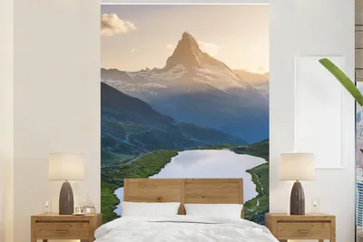 Produktbild von MuchoWow® Fototapete für Wohnzimmer oder Schlafzimmer Wandtapete Vinyl Motivtapete Matterhorn und Stellisee bei Sonnenuntergang im Wallis, Schweiz - 170x260 cm - Wohnzimmertapete
