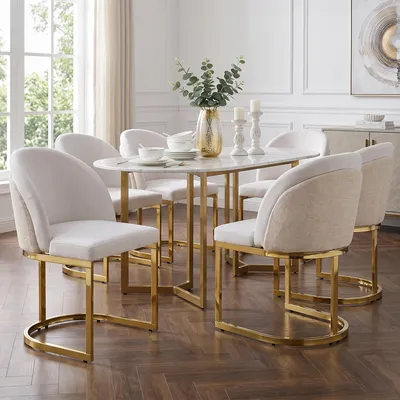 Immagine prodotto di Set di 6 sedie da pranzo MODFU, sedie da cucina con schienale doppio, poltrone relax dal design curvo, poltrone imbottite in chenille, color beige e oro