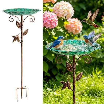 Zdjęcie produktu dla Pojemnik na wodę dla ptaków, stojący, metalowy, styl vintage, średnica 30,5 cm, odporny na mróz, 2-w-1: poidełko i karmnik, dekoracja do ogrodu