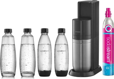 A SodaStream Duo Titan water carbonator set with bottles and a CO2 cylinder.