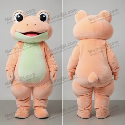 Produktbild von Plüsch-Frosch-Maskottchen MASTICOT in Pfirsichgrün mit Cartoon-Design