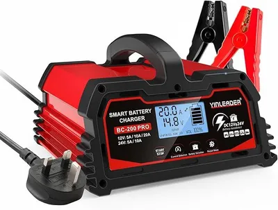 Image de Chargeur de batterie automatique 12V/24V 10A pour voitures et motos, avec écran LCD. Chargeur intelligent pour l'entretien des batteries
