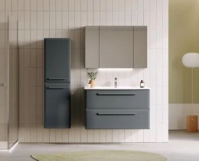 Image de Orka | Ensemble de Meubles de Salle de Bains - 100 Cm - Anthracite Brillant - Avec Miroir Et Lavabo - Moderne Et Fonctionnel - Fermeture Silencieuse
