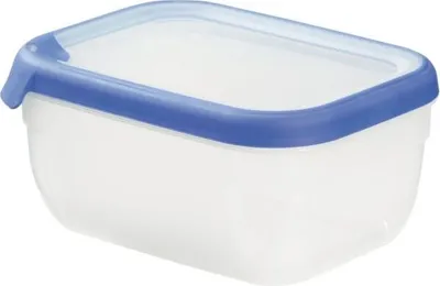 A clear studio shot of a transparent rectangular food storage container with a dark blue lid.
