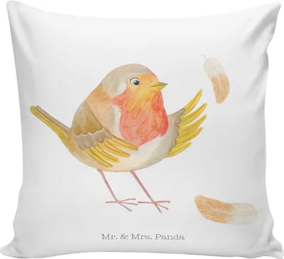 Produktbild von Mr. & Mrs. Panda kissen bedruckt Rotkehlchen Federn - Weiß - Geschenk, Deko, Spruch Motivation, Vogel, Tiermotive, Mut, Sofakissen, für sofa, Dekokissen, Sprüche, fliegen