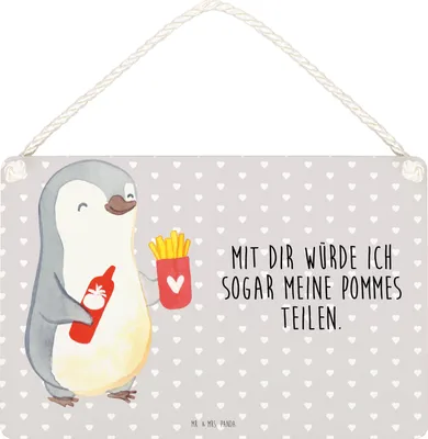 Produktbild von Mr. & Mrs. Panda Schild Pinguin Pommes DIN A5 - Grau Pastell - Geschenk, Hochzeitstag, Wandbild Holz, kleine aufmerksamkeit, Valentinstag, Jahrestag, Freund, für Freundin
