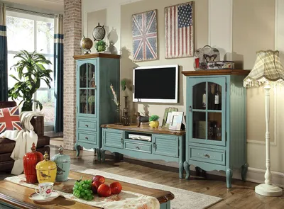 Produktbild von Landhaus Stil Wohnwand Wohnzimmer Vitrine Sideboard rtv Holz Schrank Möbel 3tlg.